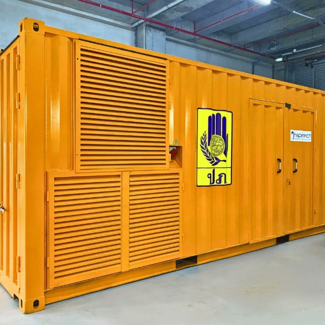 A Hipertech containerized chamber system closed for transport: an ISO shipping container with louvered service vents, personnel doors and a Hipertech decal