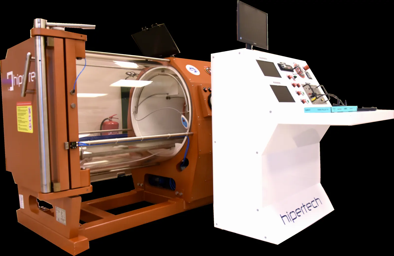 A terracotta-framed monoplace chamber with a clear acrylic hull and a separate white Hipertech console, photographed against black
