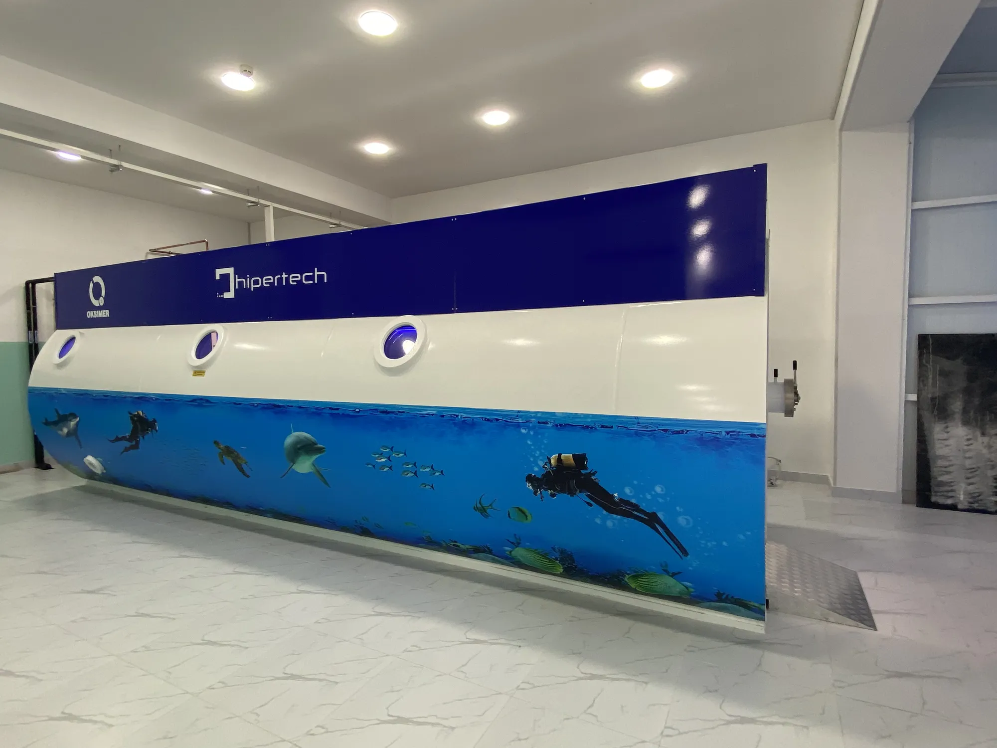 A Hipertech multiplace chamber in an ocean-mural livery, installed in a treatment room