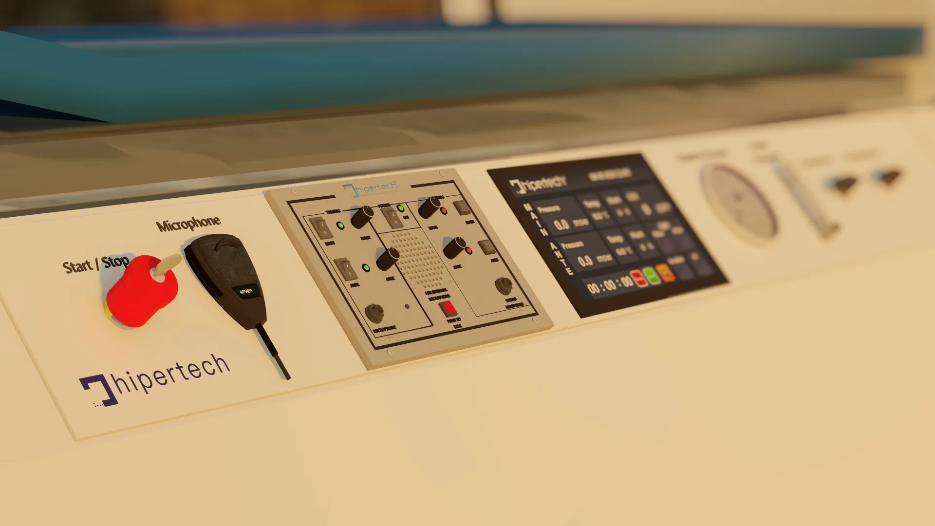 Close view of a Monoplace operator panel: gauges, an oxygen readout, the patient intercom and the stop control